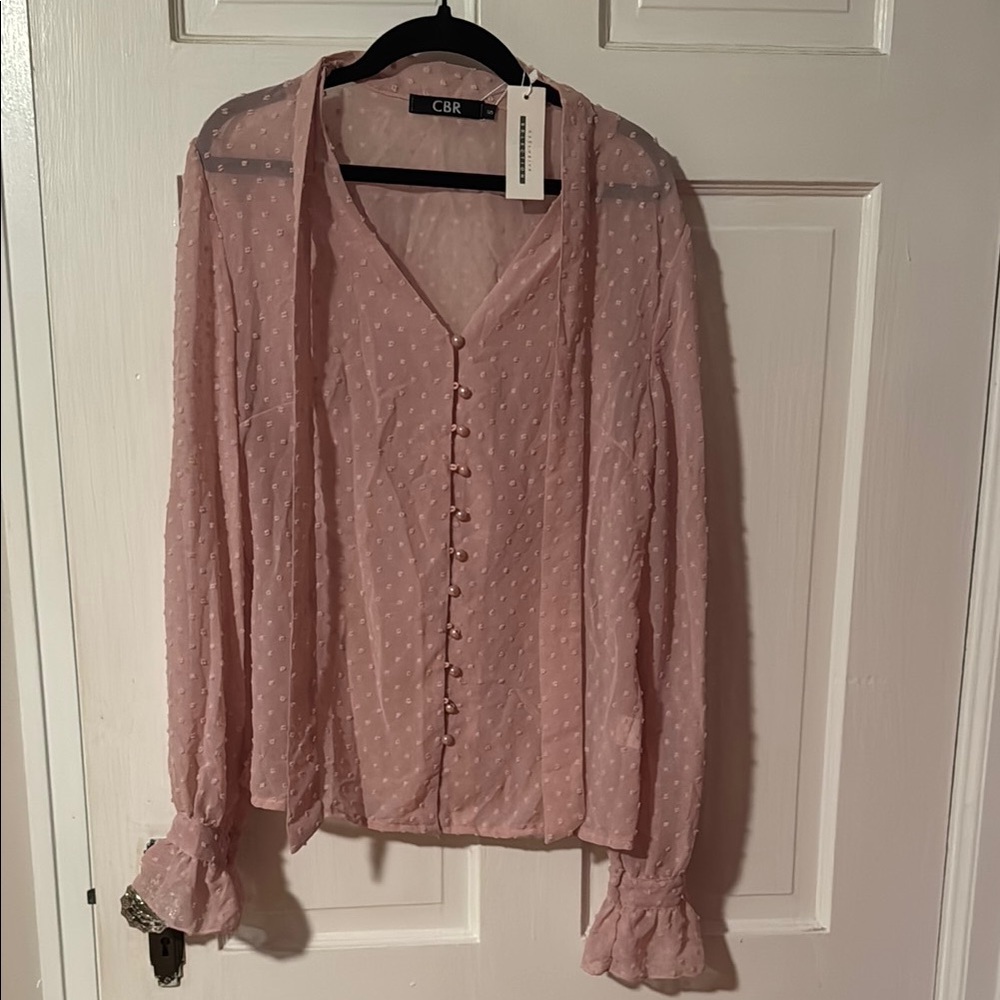 CBR NWT Women's Pink Sheer Button-Up Top w/pink pearl-like buttons Size Small